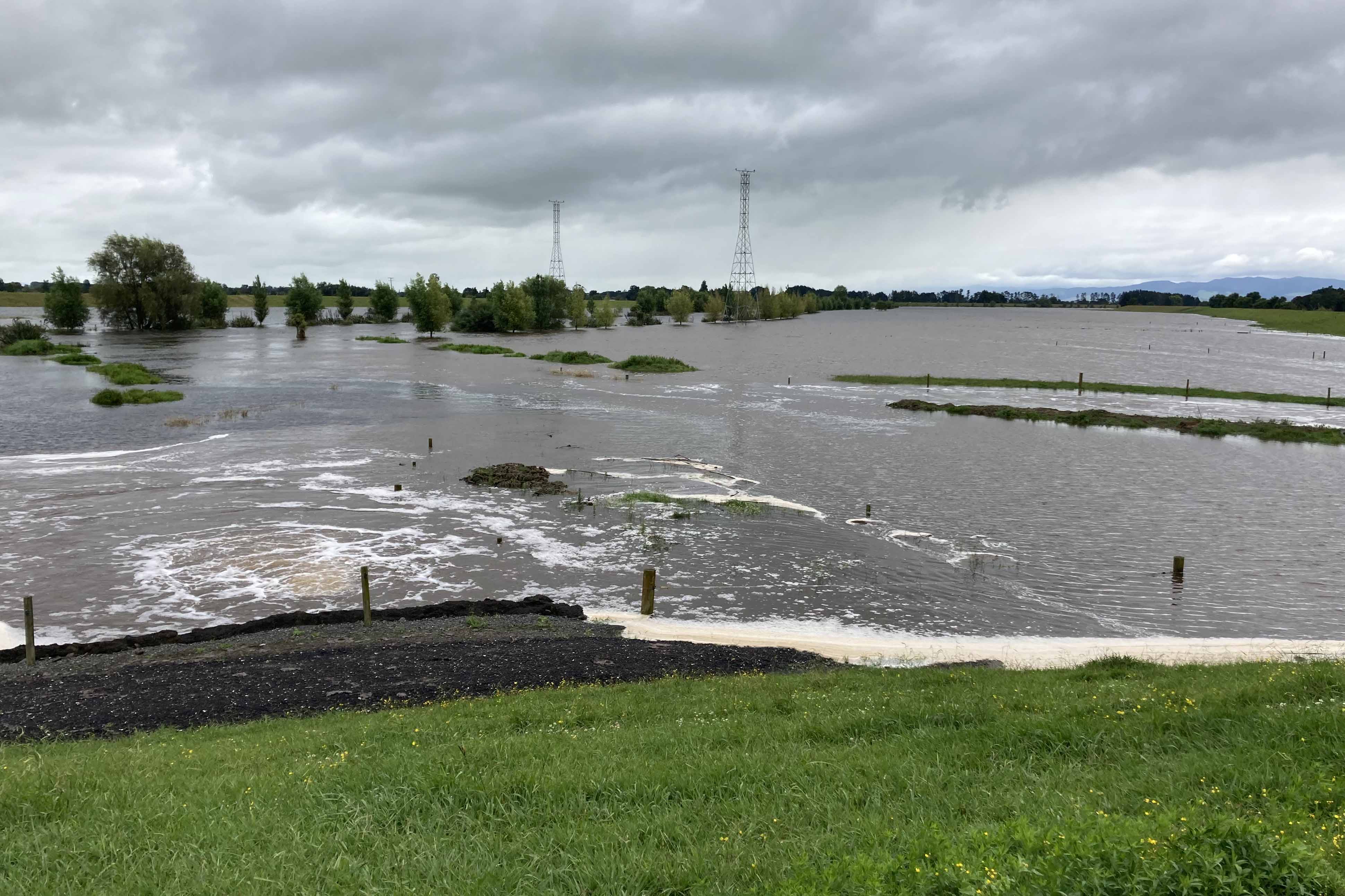 Water being pumped into the Piako River at Mill Road pump station.
